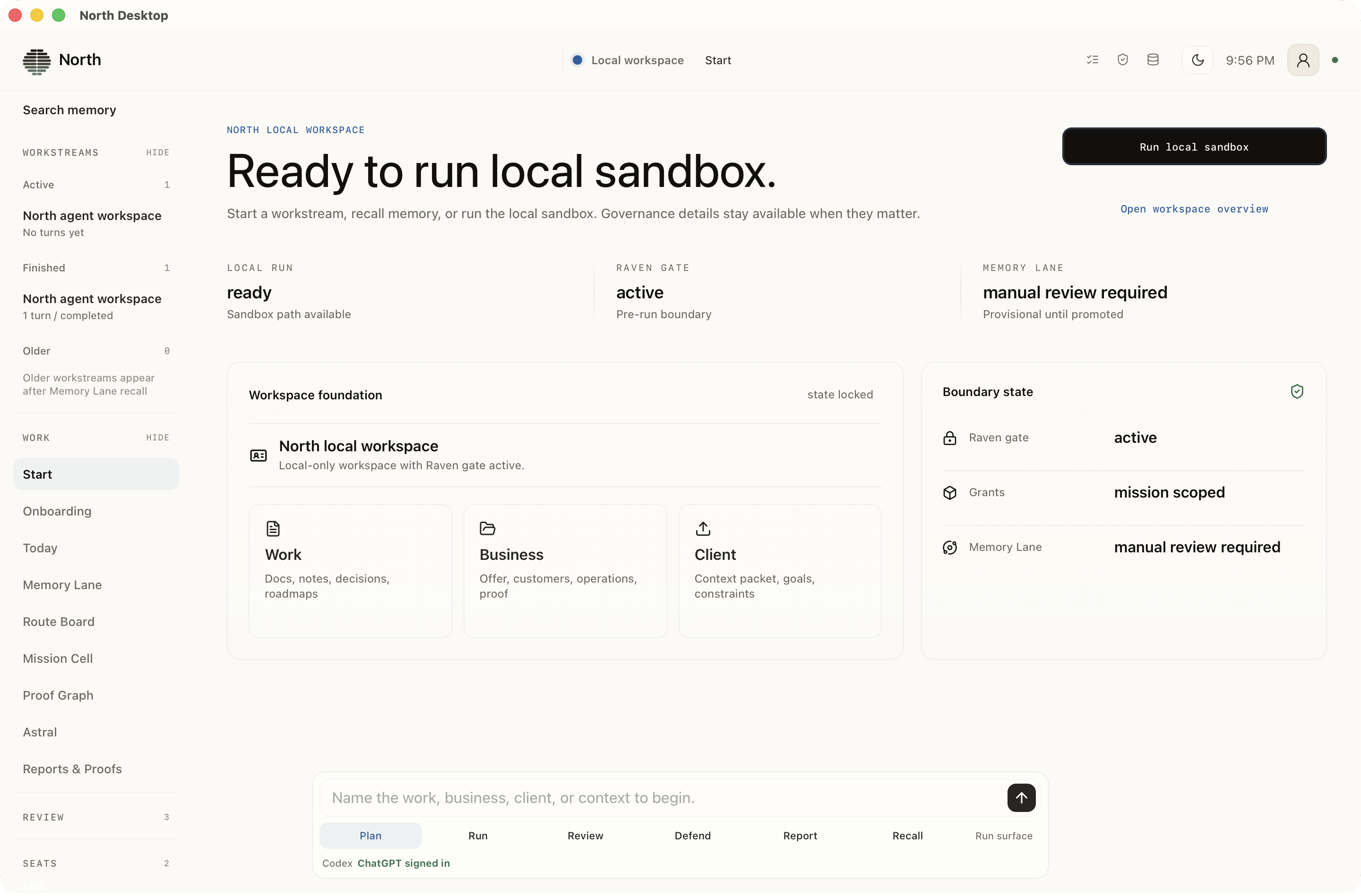 North Start screen in the local desktop workspace